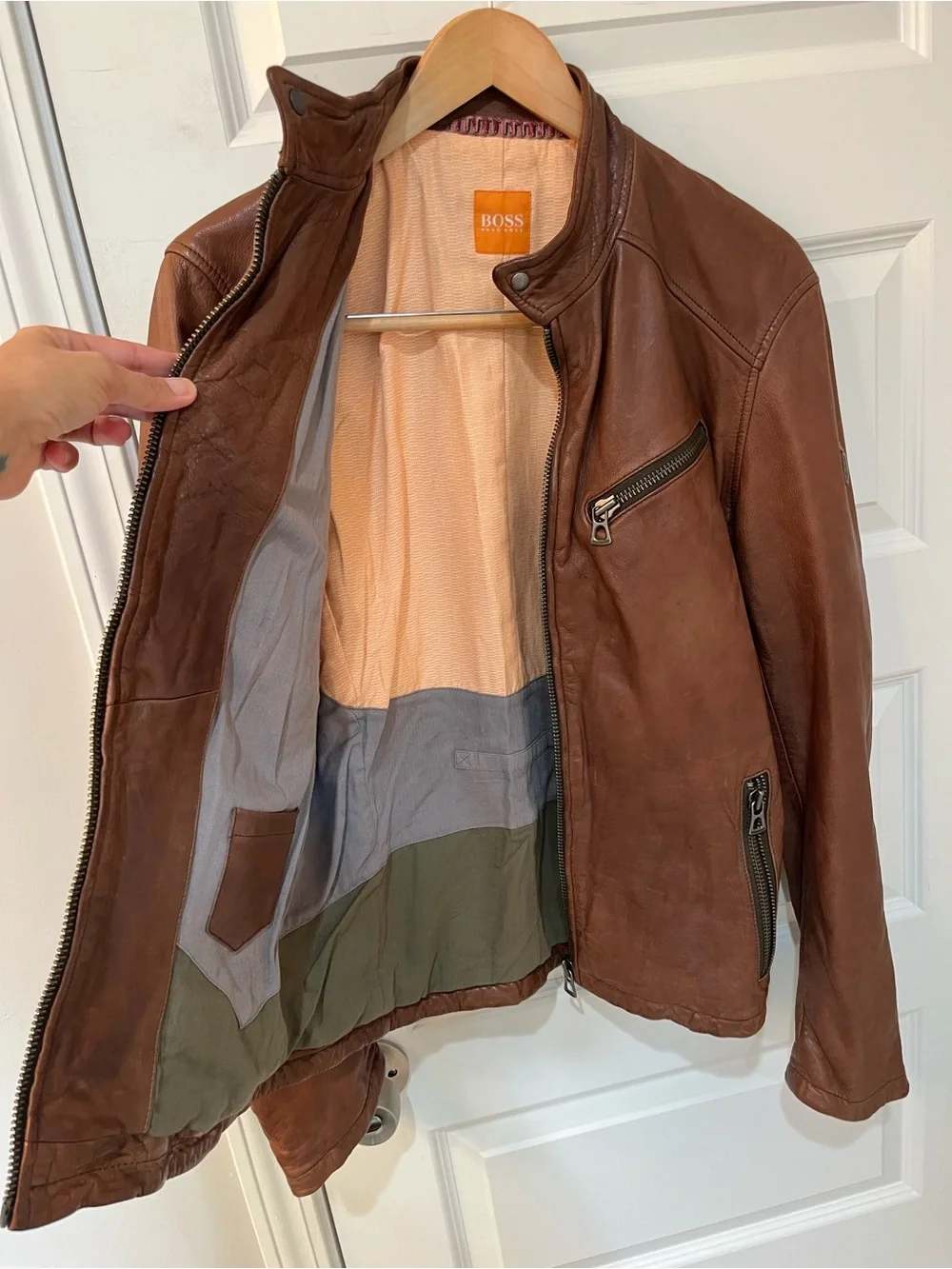 Hugo Boss Orange Julino Brown Leather Moto Jacket Mens 38R M Cafe Racer Full Zip
